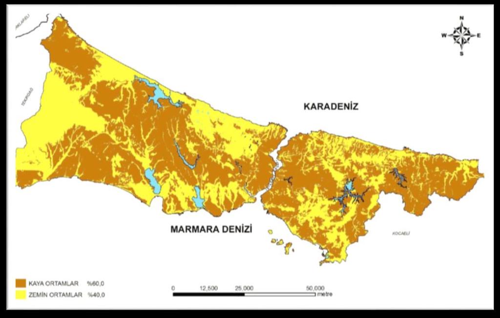 Şekil 2. İstanbul il alanında Zemin ve Kaya Ortamları nın dağılım haritası. (İBB İst. İl alanı Jeo, 2011) İstanbul ve civarında 55 farklı üye ve formasyon bulunmaktadır.