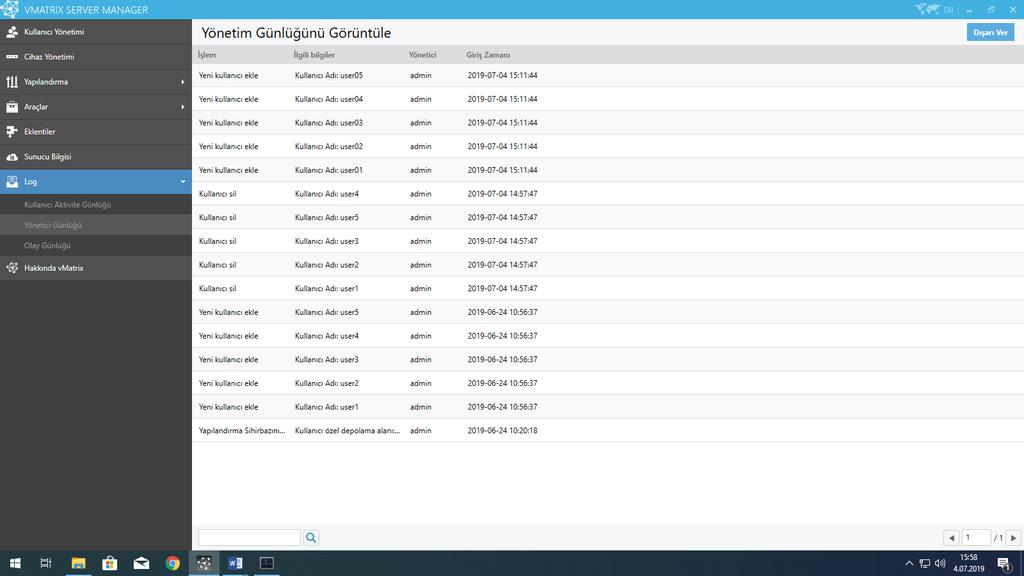24-Yönetici Günlüğü: Yönetici günlüğü kısmında admin kullanıcısının kullanıcılar üzerinde yapmış olduğu