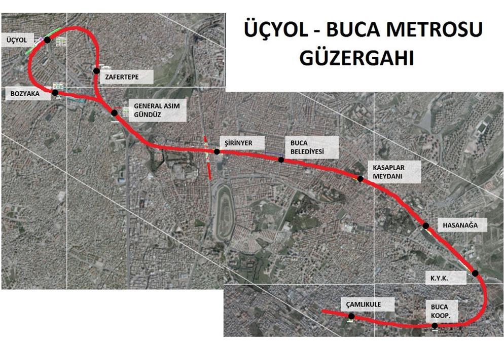 Buca Metrosu Projesi 13 kilometrelik, 11 istasyondan oluşan Üçyol-Buca hattının proje çalışmaları tamamlanarak AYGM den onayı alındı.