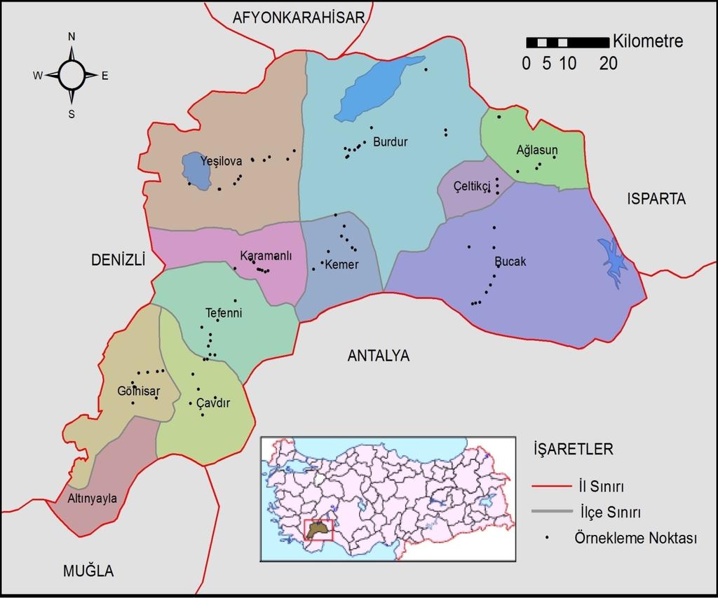 3. MATERYAL VE YÖNTEM 3.1. Burdur İlinin Coğrafi Yapısı Burdur ili Güneybatı Anadolu Göller Bölgesi ndedir.