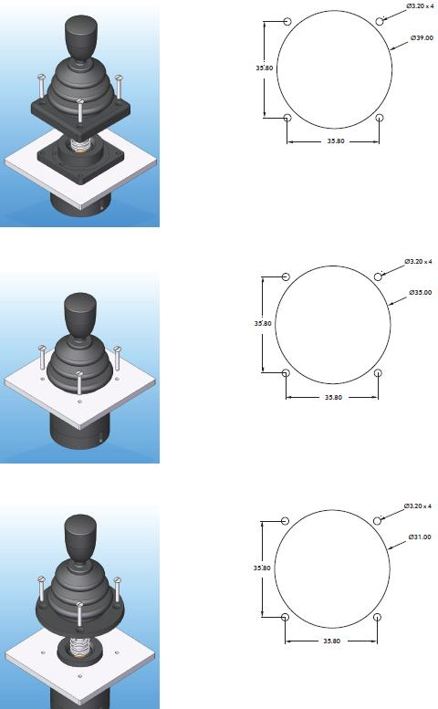 Einbauvarianten Einbau des Joysticks von oben in ein Panel. Für Panelstärken < 3 mm werden Senkkopfschrauben M3 x 16 empfohlen. Auch mit rundem Abdeckring verfügbar.