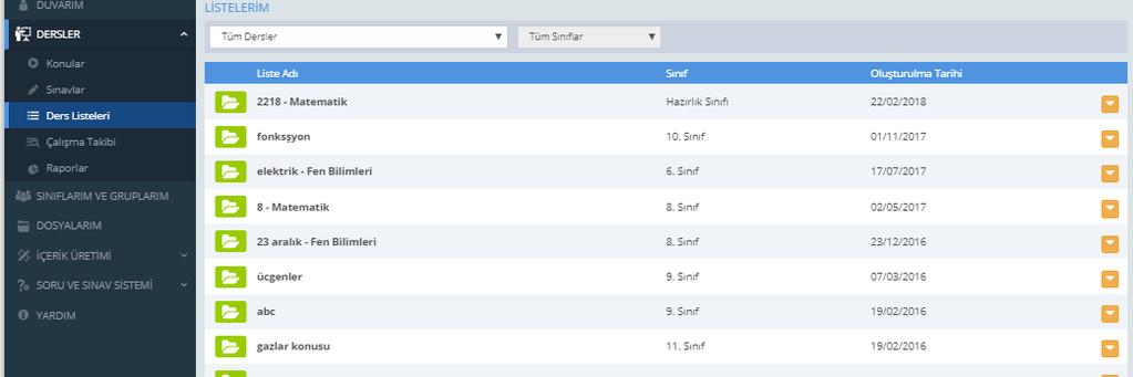 Ders listeleri menüsünden daha önce