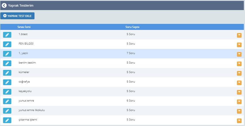 Bu ekranda daha önce oluşturduğumuz yaprak testler bulunmaktadır. Yeni yaprak test eklemek için «YAPRAK TEST EKLE» menüsüne tıklayınız.