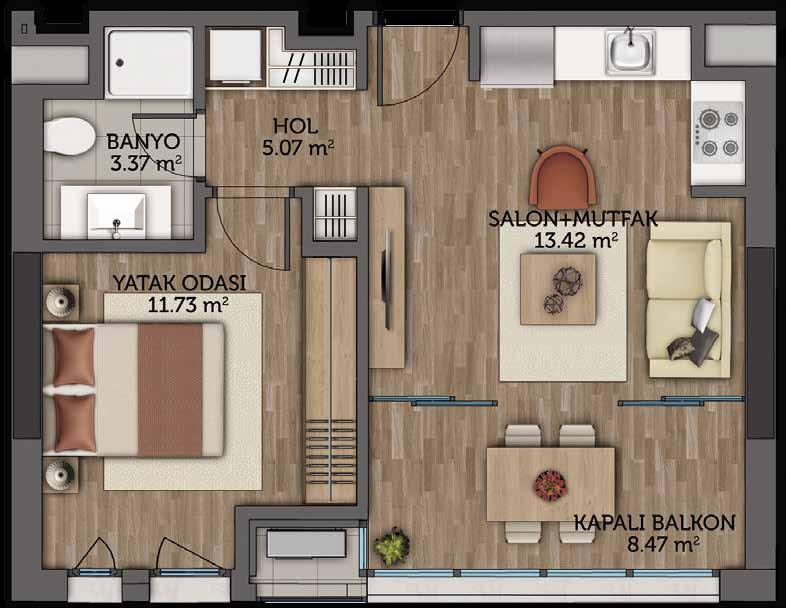 YAŞAM SEÇENEKLERİ Salon + Mutfak + Kapalı Balkon Yatak Odası 21.89 m 2 11.73 m 2 Hol Banyo 5.07 m 2 3.
