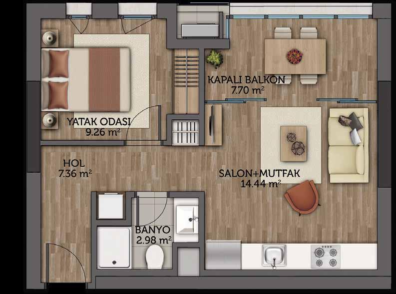 1+1 Salon + Mutfak + Kapalı Balkon Yatak Odası 22.14 m 2 9.26 m 2 Hol Banyo 7.36 m 2 2.