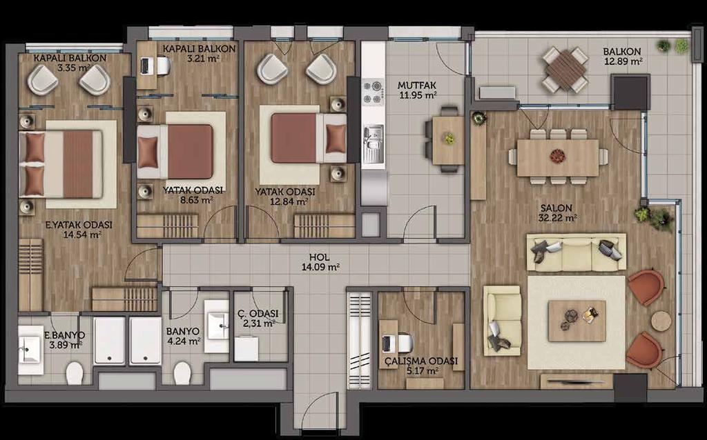 YAŞAM SEÇENEKLERİ Salon Mutfak Hol 32.22 m 2 11.95 m 2 Yatak Odası + Kapalı Balkon Yatak Odası 11.84 m 2 12.84 m 2 Ebeveyn Banyo Banyo 14.09 m 2 Ebeveyn Yatak Odası + Kapalı Balkon 17.