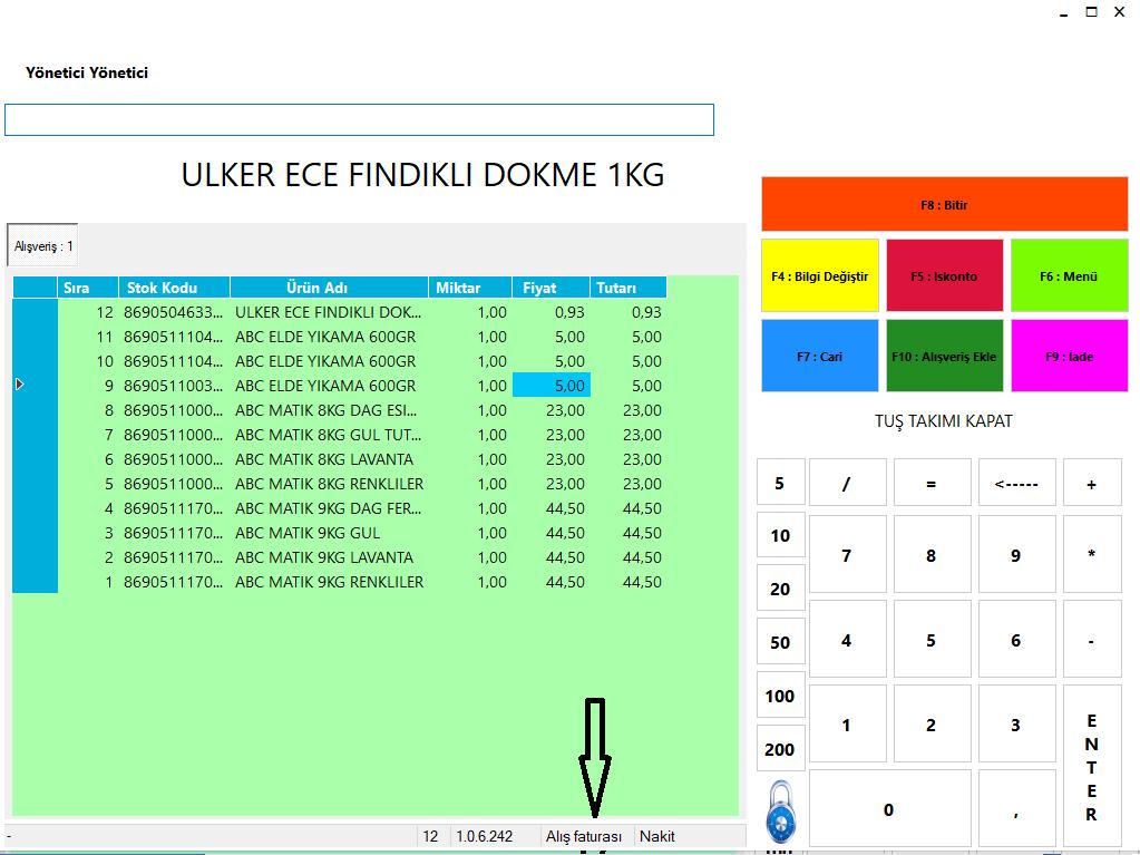 B- Alış Faturası Üsteki resimde Alış Faturası ekranı görünmektedir. Bu ekrana geçiş F11 tuşu ile yapılmaktadır. Bu Ekranda Girişi yapılacak ürünlerin Alış Faturası detayları görünmektedir.