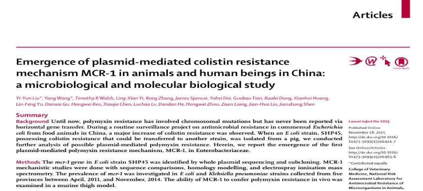 Kolistin direnç mekanizmaları Yi Yun Liu ve arkadaşları plazmid aracılığıyla taşınan mcr 1 genini tanımladılar 2011 2014