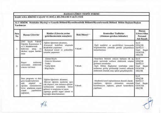 HARCAMA HASSAS GOREY TESPiT FORMU VE DOGA BiLiMLERi FAKULTESi ALT Bi RiM: Molekiiler Biyoloji Genetik Boliimii/Biyomiihendislik Boliimii/Biyoenformatik Boliimii Boliim Yardtmctsi Hassas Stra Riskier