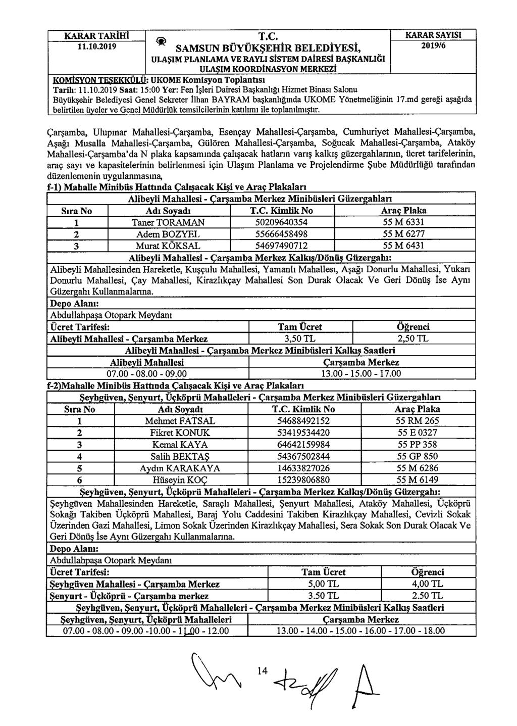 * SAMSUN BÜYÜKŞEHIR BELEDIYESI, ULAŞIM PLANLAMA VE RAYLI SISTEM DAIRESI BASKANLIĞI KOMISYON TEŞEKKOLU UKOME Komisyon Toplantısı Tarih: Saat: 15:00 Yer: Fen Işleri Dairesi Başkanlığı Hizmet Binası