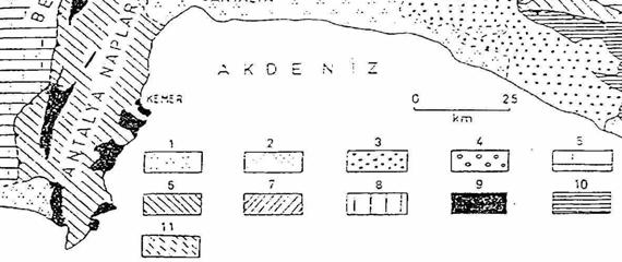 yeşil şist fasiyesi), Miyosen denizel sedimenter ve ofiyolitlerdir (Şekil 3.11.). Şekil 3.11. Çalışma alanı ve çevresinin jeolojik haritası (Bozcu, 1996) 1.