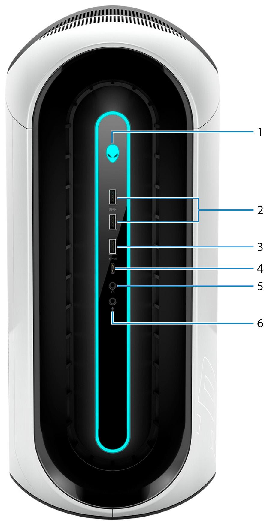 Alienware Aurora R9'nın Görünümleri 2 Ön 1. Güç düğmesi (Alienhead) Kapalıysa, uyku durumunda veya hazırda bekletme durumundaysa bilgisayarı açmak için basın.
