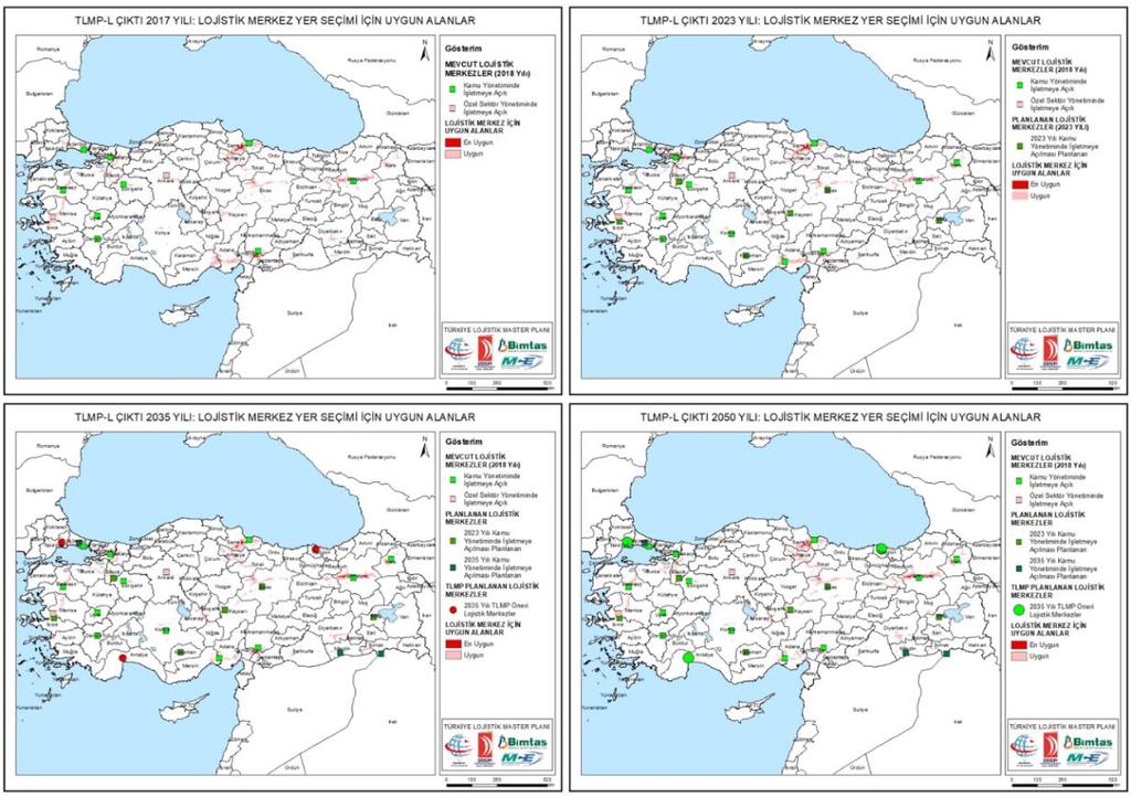 Yük akışları dahil edilerek yapılan yer seçim analizi ile mevcut ve yapılması planlanan lojistik merkezlerin ilişkisini gösteren haritalar aşağıda Harita 11 de verilmektedir.