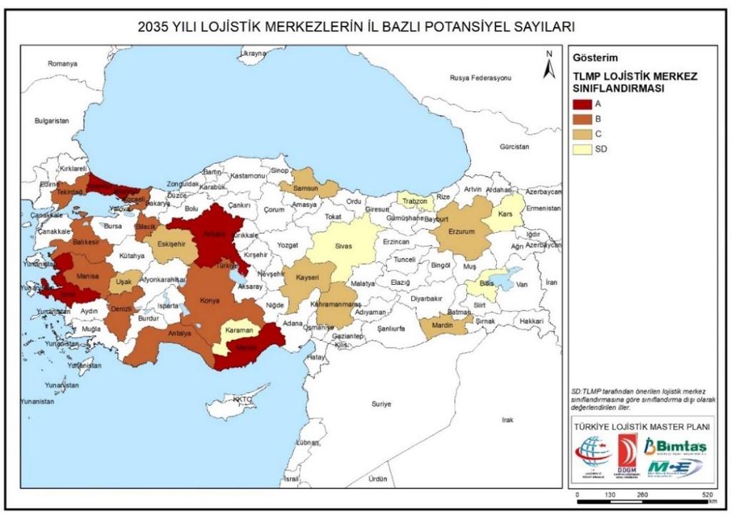 Harita 15 Lojistik Merkezlerin 2035 Yılı İl Bazlı Potansiyel Sayıları Harita 16 Lojistik Merkezlerin 2050 Yılı İl Bazlı Potansiyel Sayıları 2050 yılı için öneri koridorlar ile A-B-C tipi lojistik