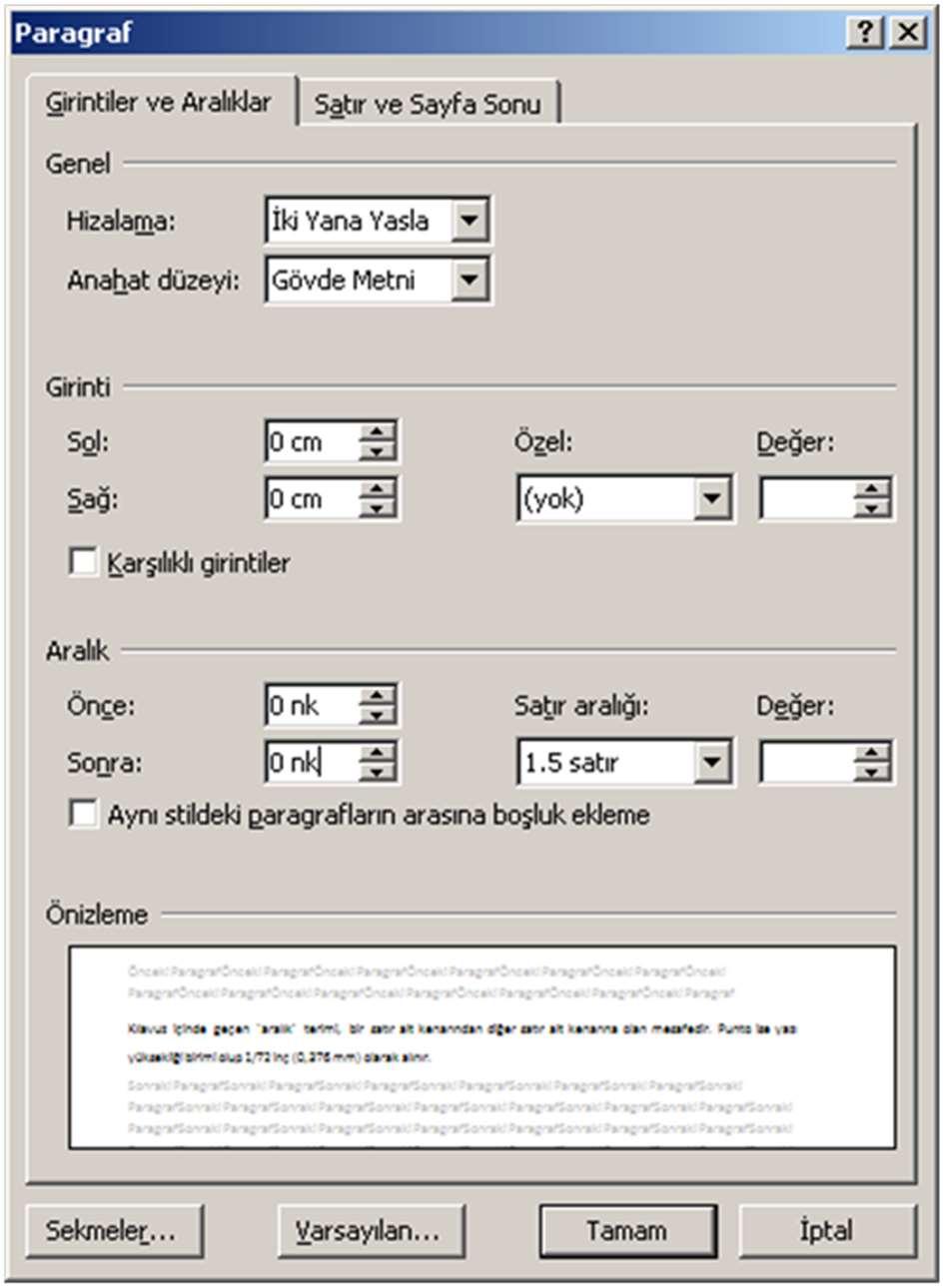 Tüm tez boyunca PARAGRAFTAN ÖNCE VE SONRA GELEN ARALIK değeri (Satır aralığı değil) 0 nk OLMALIDIR (Şekil 2). Şekil 2.