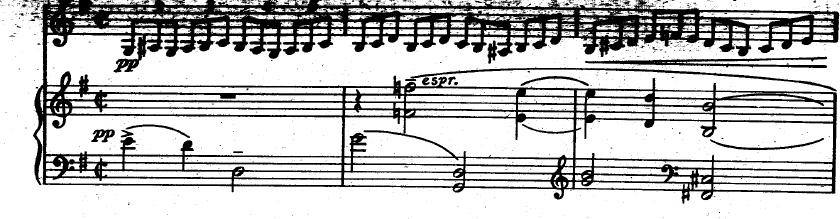 Resim 17:Alnar- Suit-Vivo bölümünde ki üçlemeler (ilk üç ölçü) Adagio: Bölüm piyanonun yavaş girişiyle başlamaktadır.