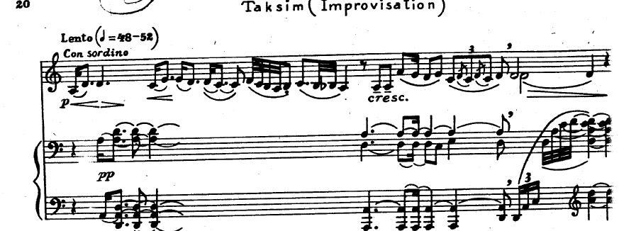 Resim 19:Alnar- Suit-Capriccio bölümü (ilk üç ölçü) Taksim: Taksim Türk müziğinde doğaçlamaya verilen addır.
