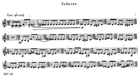 2-Scherzo Horonun belirgin ritmik özelliğiyle vurgulanan Scherzo bölümünde yer yer beşli pedallar görülür ve 3 lü ve 6 lı aralıklar ters çevrilerek