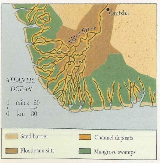 Karışık Delta Tipleri Batı Afrika da Gine körfezinde Nijer deltası nehrin, gelgitin ve dalganın ortak etkili olduğu bir yerdir.