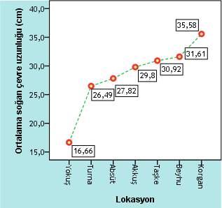 05). Lokasyon ortalamaları arasındaki bu farklılığın ise Yokuş lokasyonunun diğer tüm lokasyonlardan, Turna nın Beyhu ve Korgan dan, Akkuş ve Absüt ün ise Korgan lokasyonundan daha düşük ve anlamlı