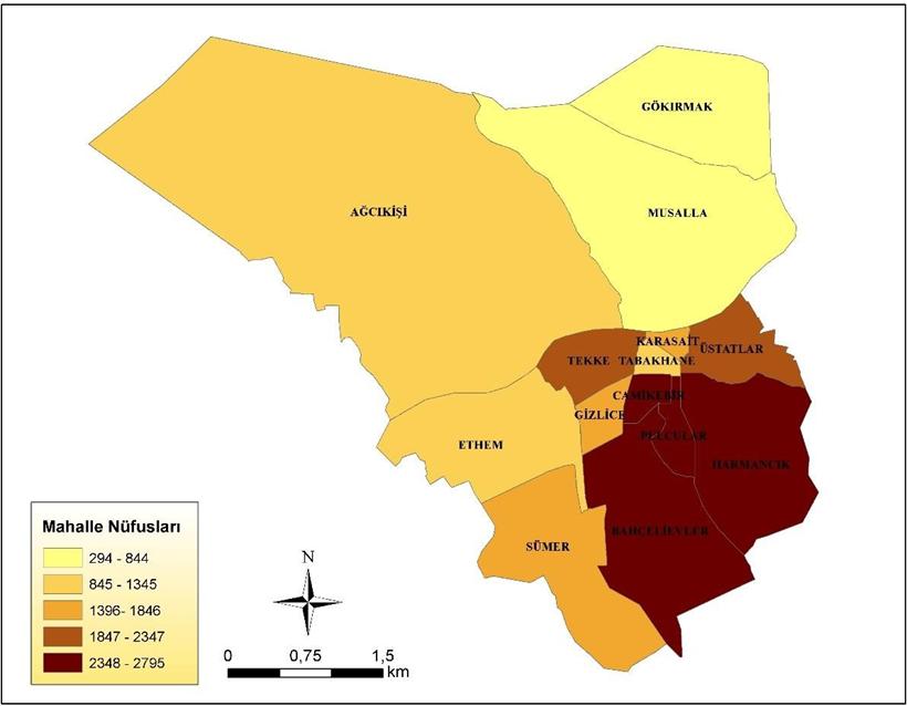 A Geographıc Approach to The Relatıonshıp of Crime and Space: Example of The City of Taşköprü (Kastamonu) Taşköprü şehri mahallelerini nüfus miktarı açısından incelediğimizde 2795 kişi ile