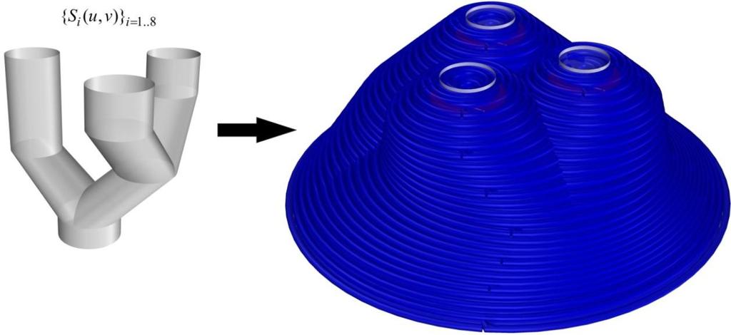 representative path planning example of a three branched, eight trajectory curved surface model is shown in Figure 3.13.