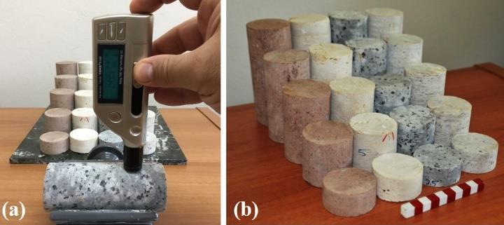 Figure 2: Hardness measurement by portable Leeb hardness tester (a) and prepared samples for sample size evaluation (b).