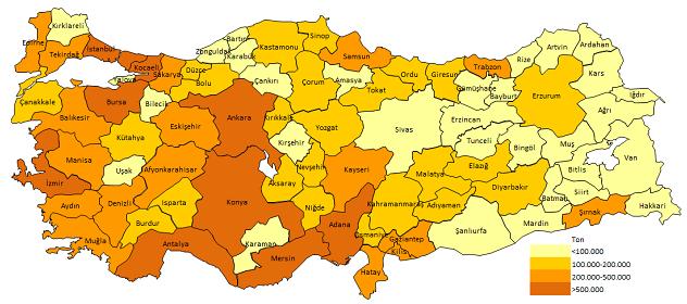 Bin Ton Şekil 13 - Türkiye'de Yıllara Göre Yakıt Tüketimi (Grafik: REC Türkiye, 2017, Kaynak: Eurostat, 2017) Motorin Benzin Biyoyakıt Şekil 14 ve Şekil 15'te motorin ve benzin satışlarının illere