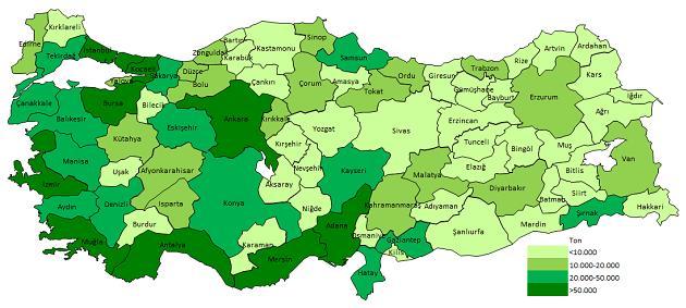 Şekil 15- İllere Göre Yurt İçi Benzin Satışları (Harita: REC Türkiye, 2017, Kaynak: EPDK, 2016) 3.
