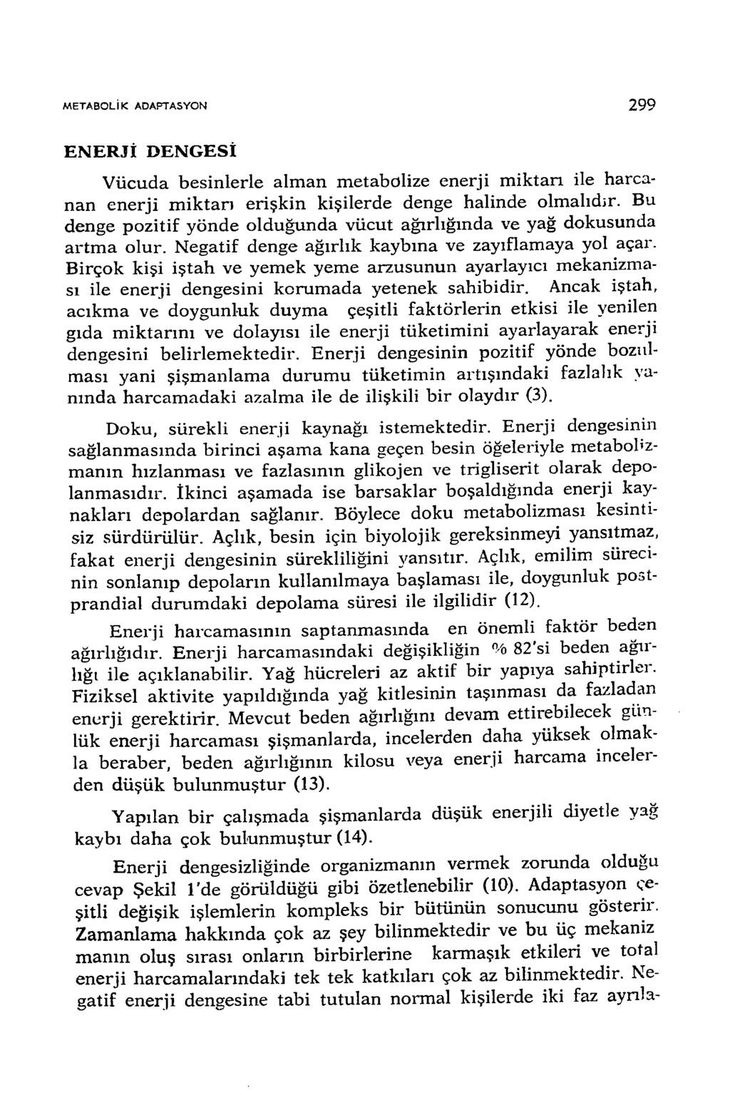 M ETA B O LİK ADAPTASYON 299 EN ERJİ DENGESİ V ücuda besinlerle alm an m etabdlize enerji m iktarı ile harcanan enerji m iktarı erişkin kişilerde denge halinde olmalıdir.