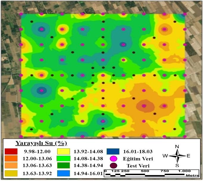 IDW-1 de elde edilmiştir. Eğitim ve test verilerinde MAE değerleri sırasıyla % 1.753 ve 1.115, RMSE değerlerinde ise % 2.316 ve 1.421 olarak belirlenmiştir.