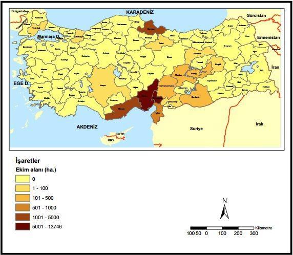 Türkiye de illere göre soya fasulyesi, ekim alanları ve verim değerleri 120000 100000 80000 60000 40000 20000 0 Ekim alanı (ha) Üretim (ton) Verim (kg/ha)