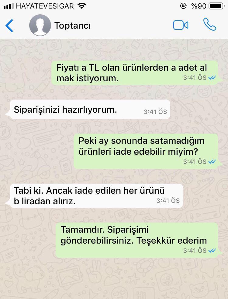 SORU 5: Bir kırtasiyeci ürünlerini aldığı toptancıya sipariş vermek için mesaj atıyor. Aşağıda kırtasiyecinin telefonundaki ekran görüntüsü verilmiştir. a.a=a 2 Bu mesajlaşmadan sonra kırtasiyeci belirtilen ürünleri satın alıyor.