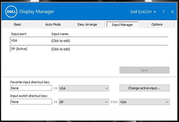 Birden Fazla Video Girişlerini Yönetme Input Manager sekmesi, Dell monitörünüze bağlı birden çok video girişini yönetmenin uygun yollarını sağlar.