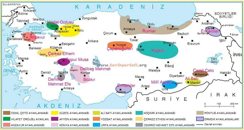 7. TBMM ye karşı çıkarılan isyanlar haritada belirtilmiştir.