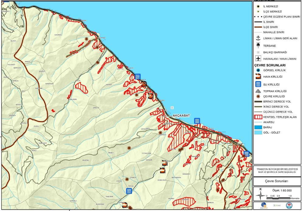 HARİTA 14: ÇEVRE SORUNLARI ANALİZİ Özellikle Akçaabat kent merkezinde ve Darıca Mahallesi sahilinde su kirliliği, Darıca ve Kavaklı Mahallelerinde hava kirliliği, Planlama alanının genelinde çevre