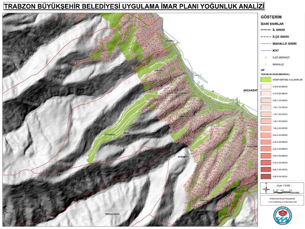 Yürürlükteki İmar Planında önerilen konut yoğunlukları harita 20 de detaylı bir şekilde incelenmiş, en yoğun bölgenin merkezi iş alanı olan Akçaabat ilçe merkezi olduğu görülmüştür.