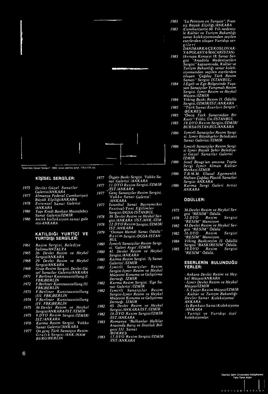 /ANKA RA 1985 Türk Sanat E serleri Sergisi". /BÜ KREŞ 1985 "Öncü Türk Sanatından Bir K e s i f -Yıldız Ün./İSTANBUL 1985 19.D Y O R esim Sergisi.