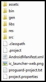 29 Şekil 2.24. Android uygulaması sonucu oluşan dosyalar Şekil 2.24 incelendiğinde, Android uygulama projesinde geliştiricilerin kullandıkları klasörler; assets, libs, res, src vr AndroidManifest.