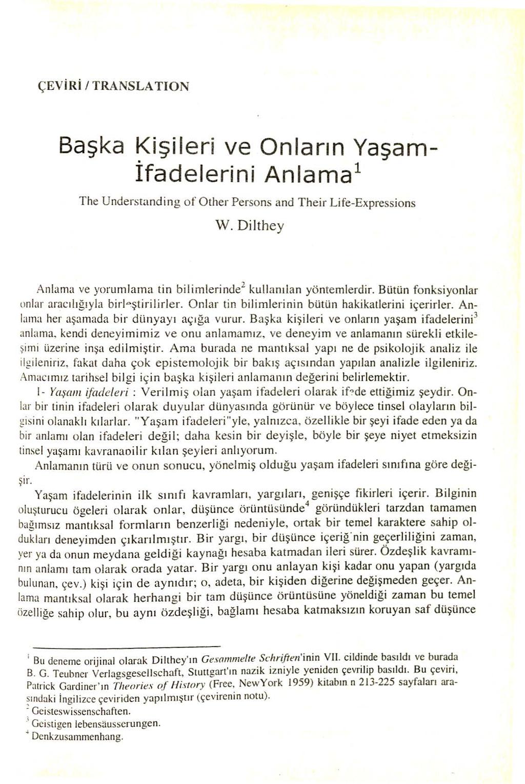 ÇEV İRİ 1 TRANSLATION Başka Kişi leri ve Onların Yaşam İfadelerini Anlama 1 The U nderstanding o f Other Persons and T heir Life-Expressions W.