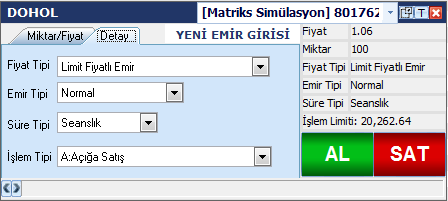 STANDART EMİR GİRİŞİ PENCERESİ (ORDER TICKET) Bu pencerenin 4 temel işlevi vardır. I. Yeni emir girişi II. Emir düzeltme işlemi III. Toplu emir düzeltme işlemi IV. Zincir emir ekleme işlemi I.