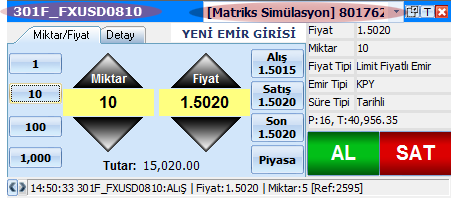 VOB emir girişinde resimde görülen alan, seçili sözleşmenin pozisyon bilgisini ve hesabınızdaki çekilebilir teminat bilgisini göstermektedir. Ekranın üst bölümünde senet/sözleşme adı yazmaktadır.