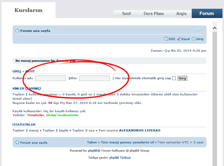 Forum sekmesine tıkladığınızda eğer aşağıdaki ekranı görürseniz Kullanıcı adı ve Şifre alanlarına lütfen Eğitim