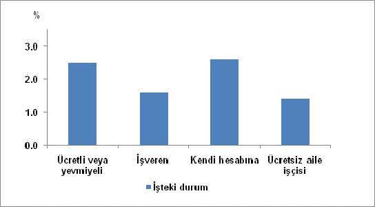 Yaş grubu Son 12 ay içinde istihdam edilen 15 24 yaş grubundaki fertlerde iş kazası geçirenlerin oranı %1,9 iken, 25 34 yaş grubunda bu oran %2,3, 35 54 yaş grubunda %2,6 ve 55 ve daha yukarı