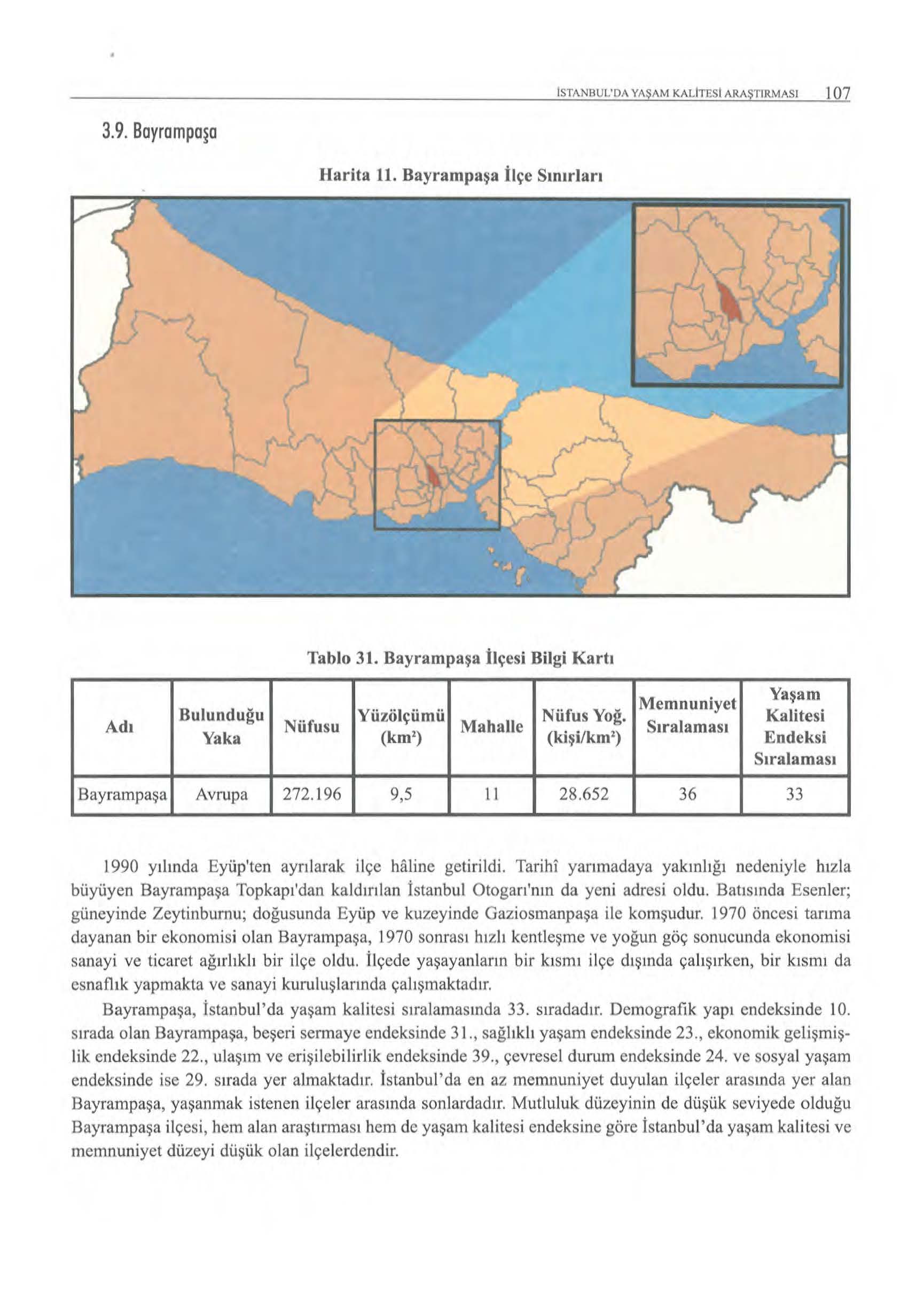 ISTANBUL'DA YAŞAM KALITESI ARAŞTIRMASI 1 07 3.9. Boyrompo a Harita ll. Bayrampaşa İlçe Sınırlan Tablo 31. Bayrampaşa İlçesi Bilgi Kartı Adı Bulunduğu Yaşam Memnuniyet Yüzölçümü Nüfus Yoğ.