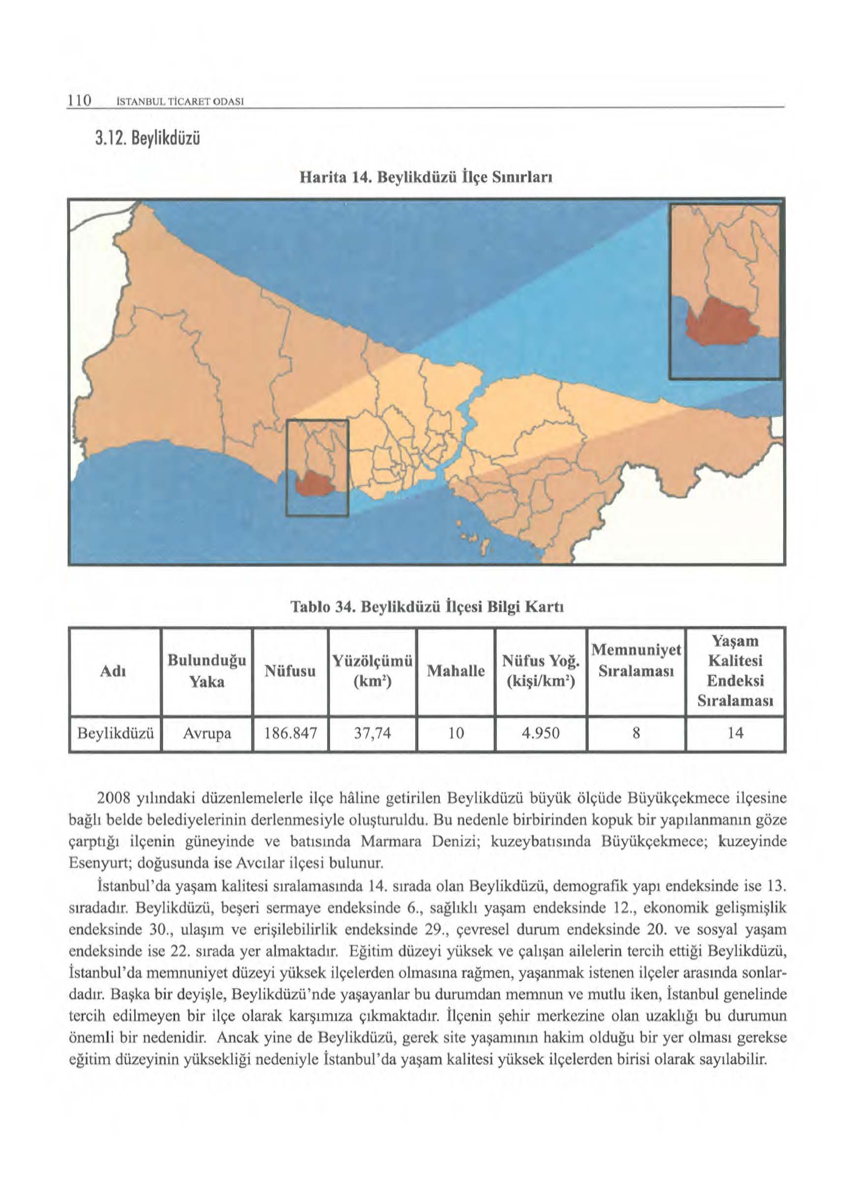 ll Ü ISTANBUL TICARET ODASI 3.12. Beylikdüzü Harita 14. Beylikdüzü İlçe Smırlan Tablo 34. Beylikdüzü İlçesi Bilgi Kartı Adı Bulunduğu Yaşam M em nu niyet Yüzölçümü Nüfus Yoğ.