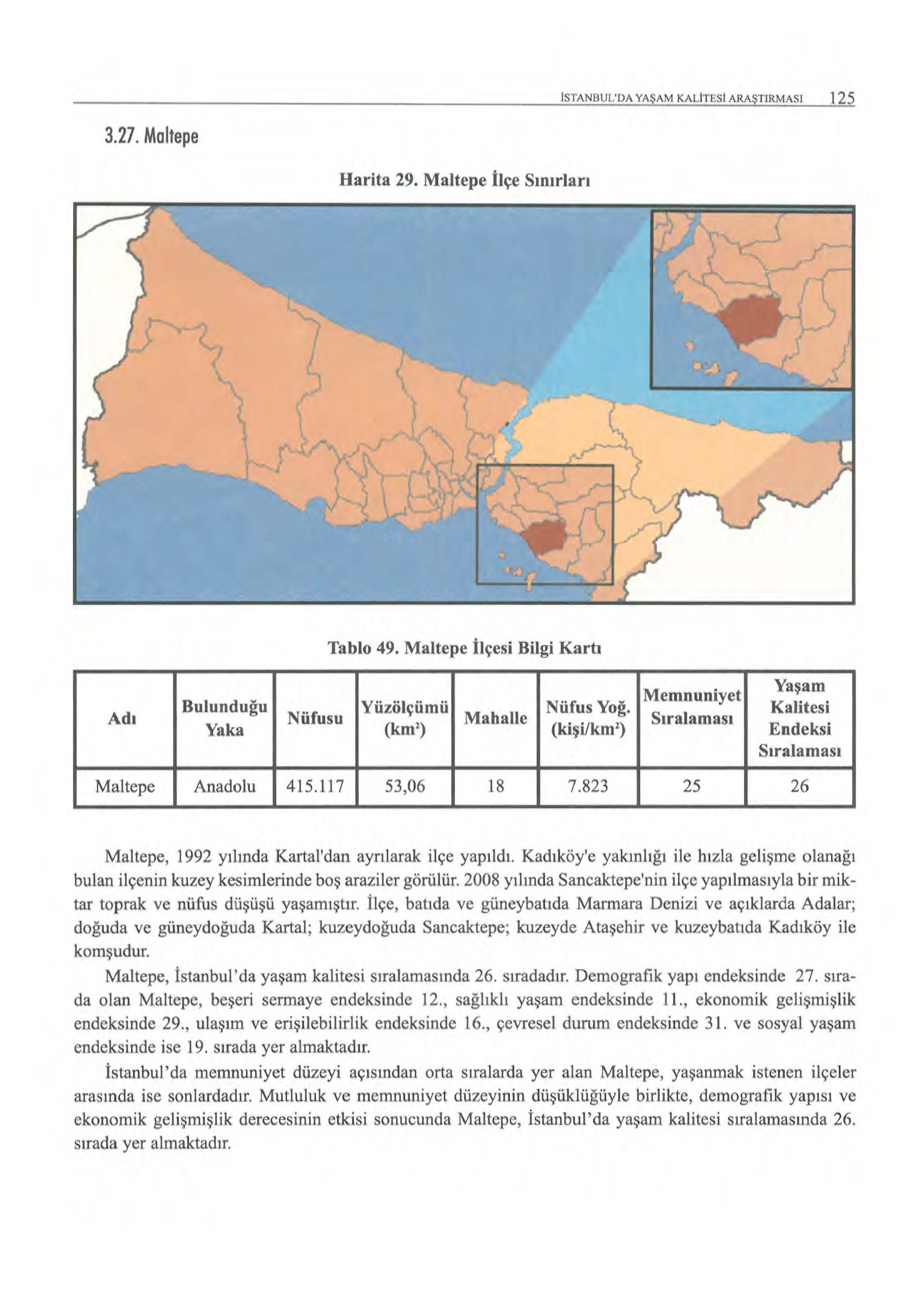 ISTANBUL'DA YAŞAM KALITESI ARAŞTIRMASI 125 3.27. Maltepe Harita 29. Maltepe İlçe Sınırlan Tablo 49. Maltepe İlçesi Bilgi Kartı Ada Yaşam Memnuniyet Yüzölçümü Nüfus Yoğ.