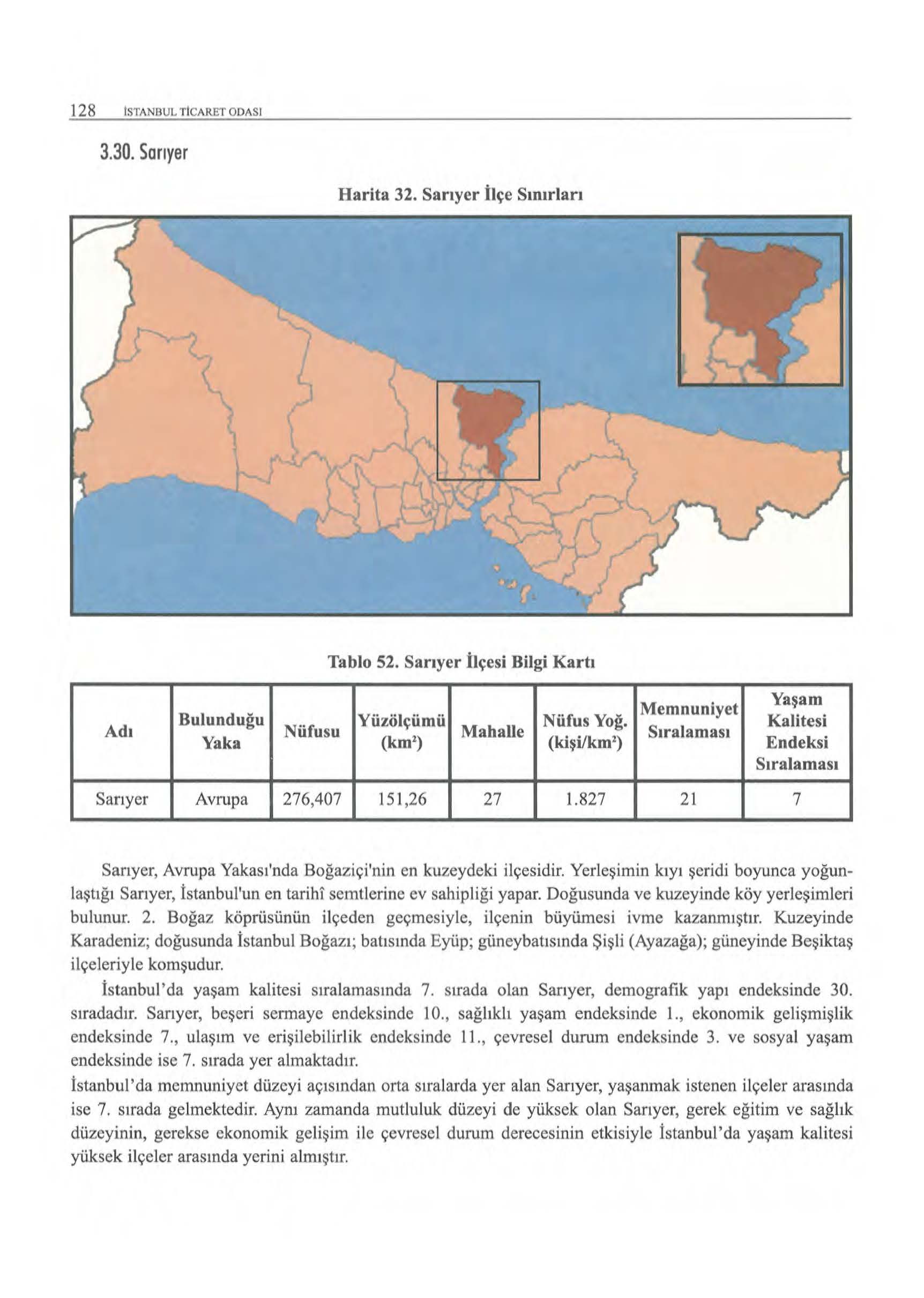128 ISTANBUL TICARET ODASI 3.30. Sarıyer Harita 32. Sanyer İlçe Sınırları Tablo 52. Sanyer İlçesi Bilgi Kartı Adı Bulunduğu Yaşam Mcmnuniyet Yüzölçümü Nüfus Yoğ.