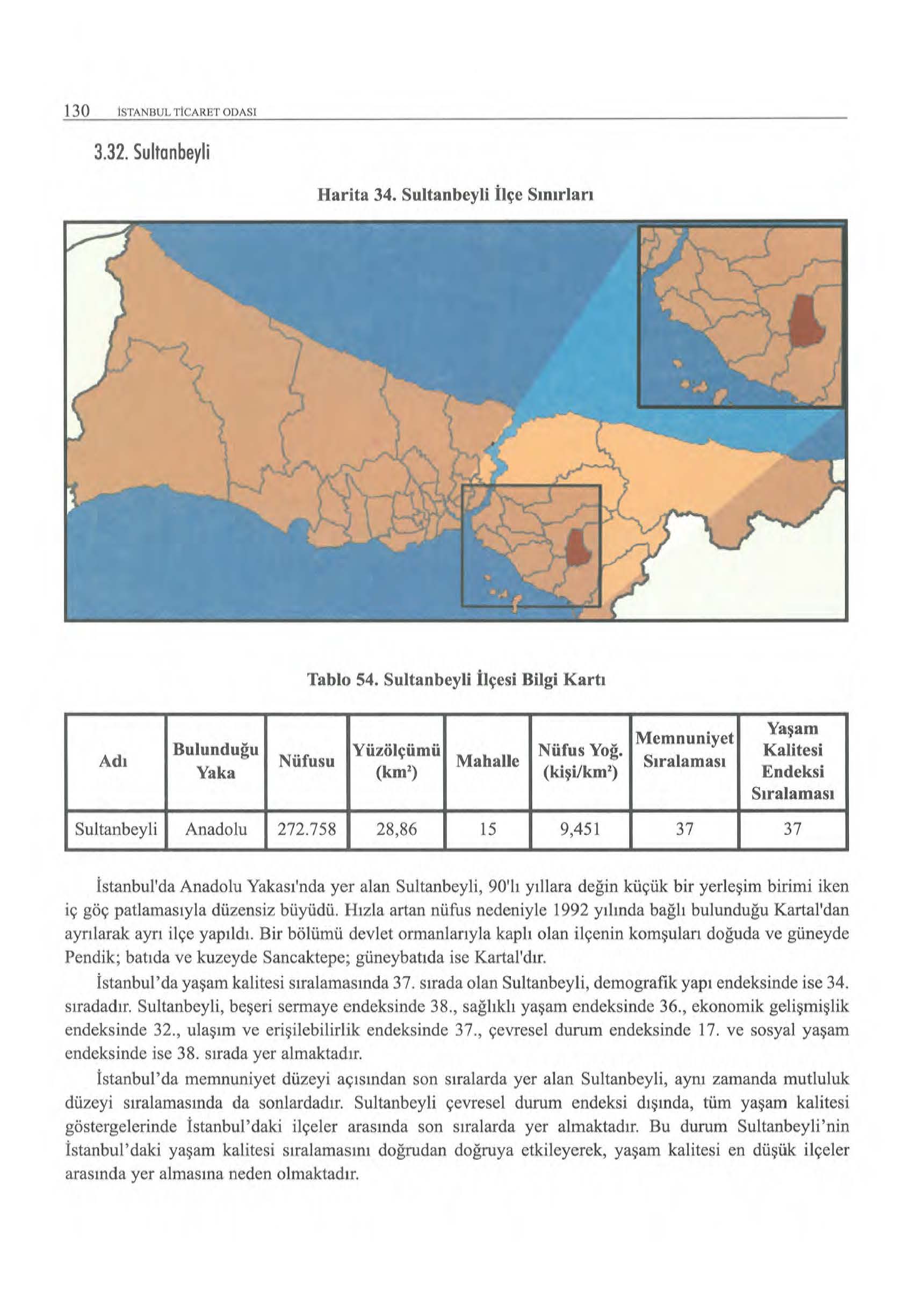 130 ISTANBUL TICARET ODASI 3.32. Sultanbeyli Harita 34. Sultanbeyli İlçe Sınırlan Tablo 54. Sultanbeyli İlçesi Bilgi Kartı Adı Bulunduğu Yaşam Memnuniyet Yüzölçümü Nüfus Yoğ.