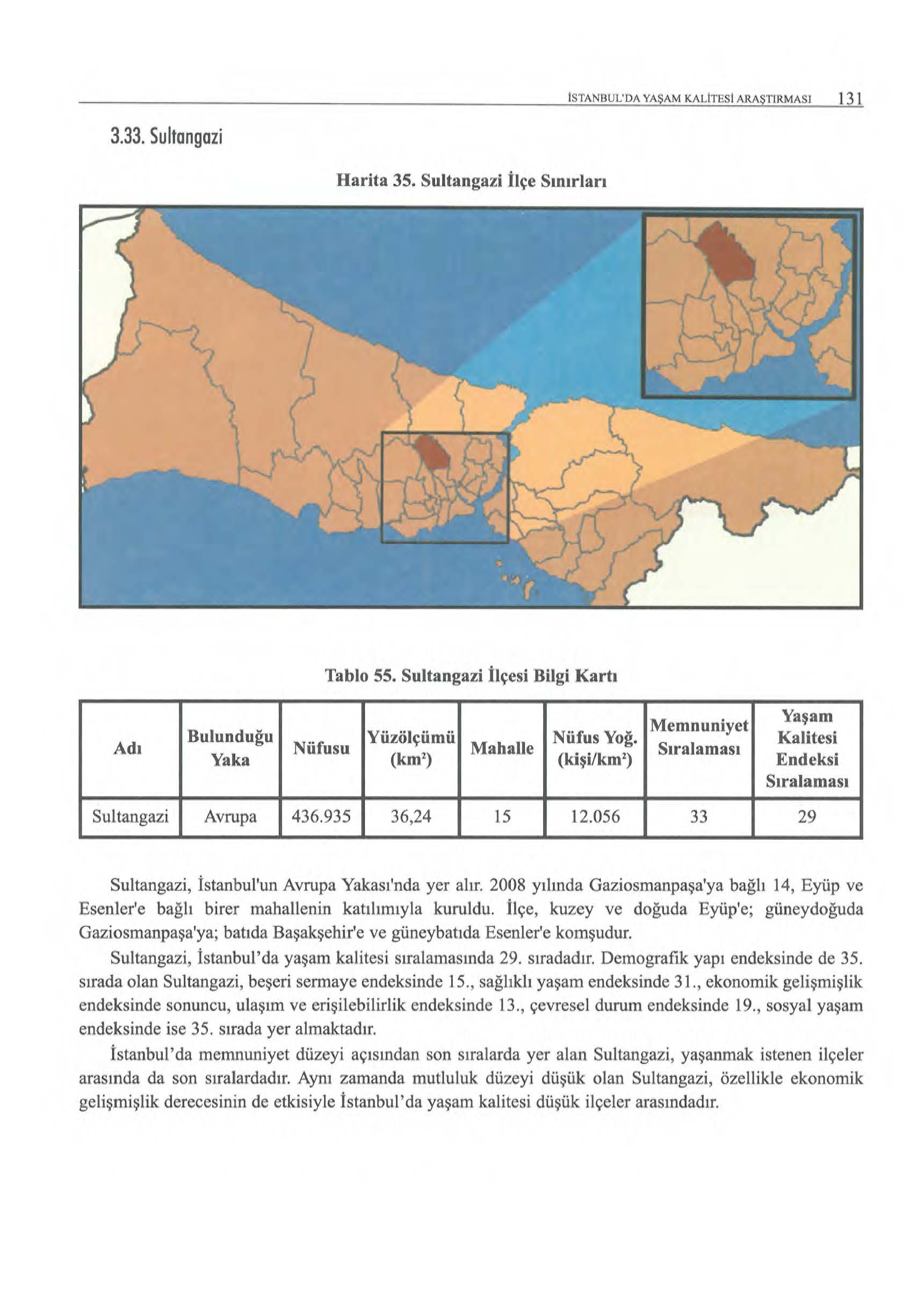 ISTANBUL' DA YAŞAM KALinıst ARAŞTIRMASı 131 3.33. Sultongazi Harita 35. Sultangazi İlçe Sınırlan Tablo 55. Sultangazi İlçesi Bilgi Kartı Adı Bulunduğu Yaşam Memnuniyet Yüzölçümü Nüfus Yoğ.